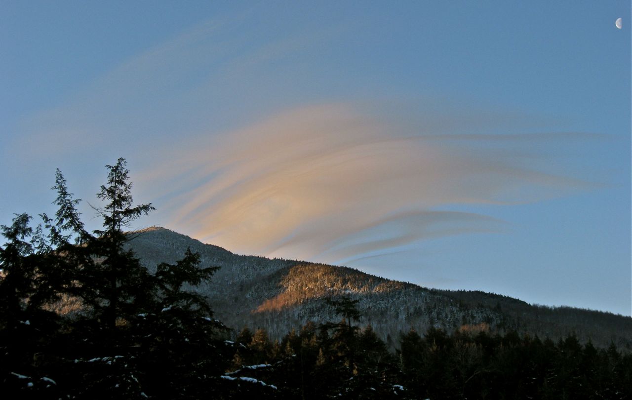 The setting half moon & Noonmark Mt. from Roaring Brook Falls